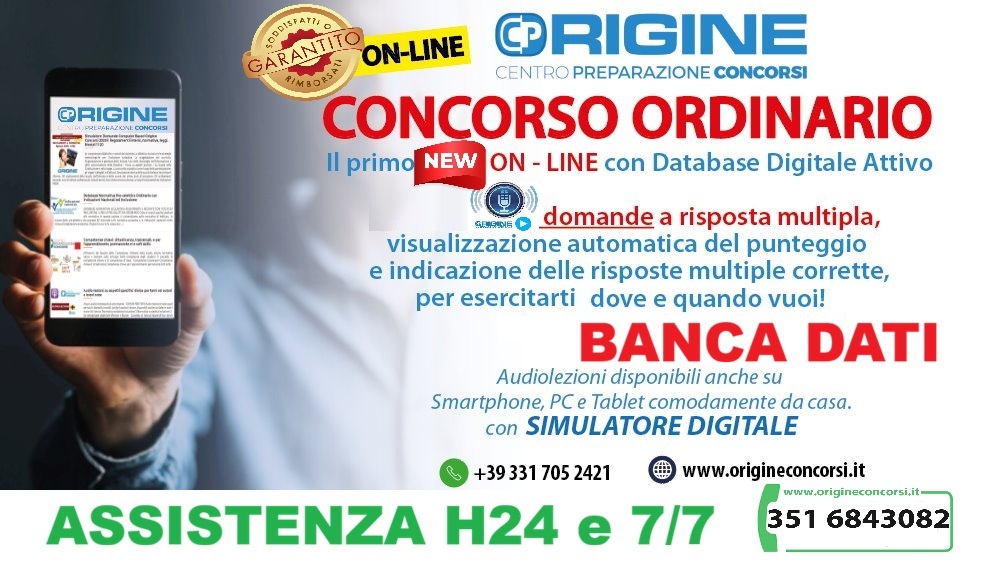 banca dati concorso ordinario 2028 new e tutta pronta → ORIGINE CONCORSI SCUOLA Promotional banner advertising an online ordinary competition with smartphone on left and bold red'CONCORSO ORDINARIO' text, contact info below.