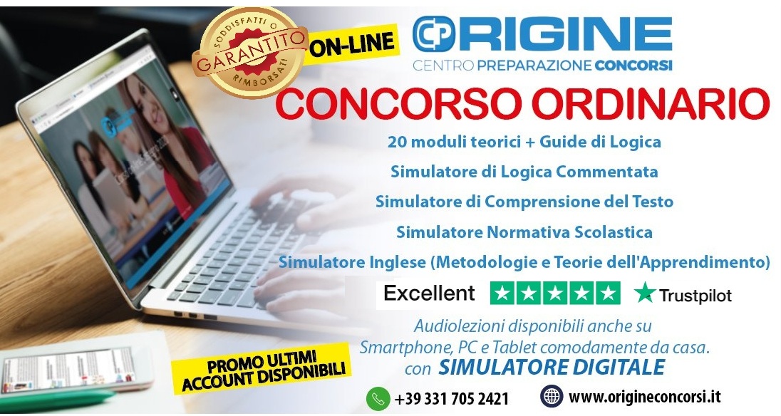 concorso ordinario 2028 vai con immagine → ORIGINE CONCORSI SCUOLA Promotional image for an online ordinary competition course with 20 theory modules and a logic guide, logo, and contact info