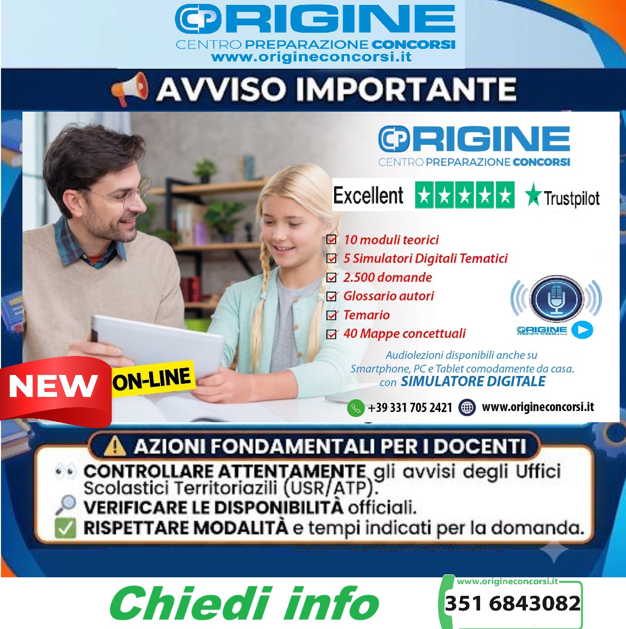 Two people studying together beside a large poster advertising Origine online exam prep services, with a prominent NEW ONLINE badge.