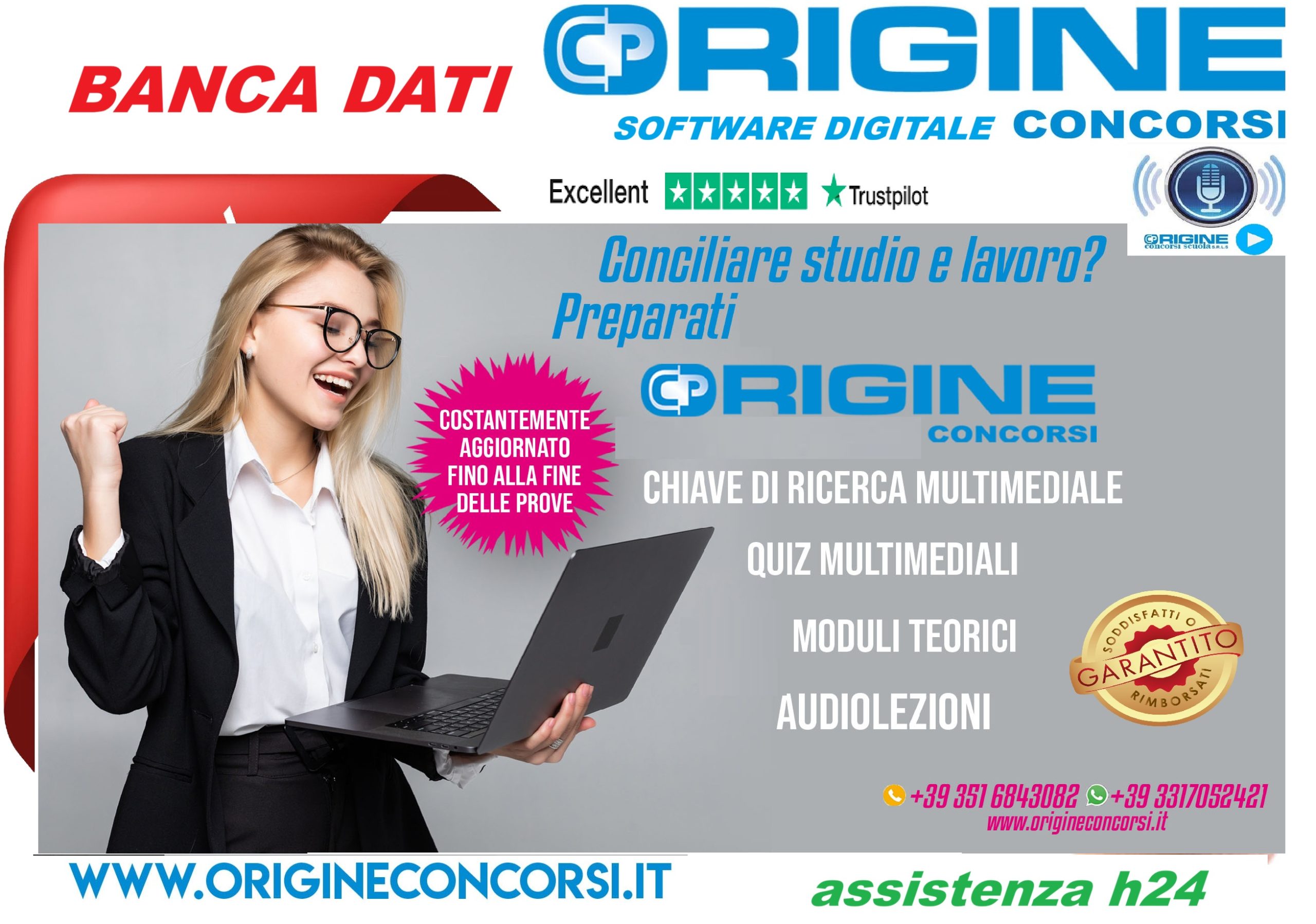 banner con mano e dadi 2027 studi e lavori e vai 2028 → ORIGINE CONCORSI SCUOLA Promotional banner featuring a smiling businesswoman in a blazer holding a laptop, with Origine Concorsi branding and Italian text elements.