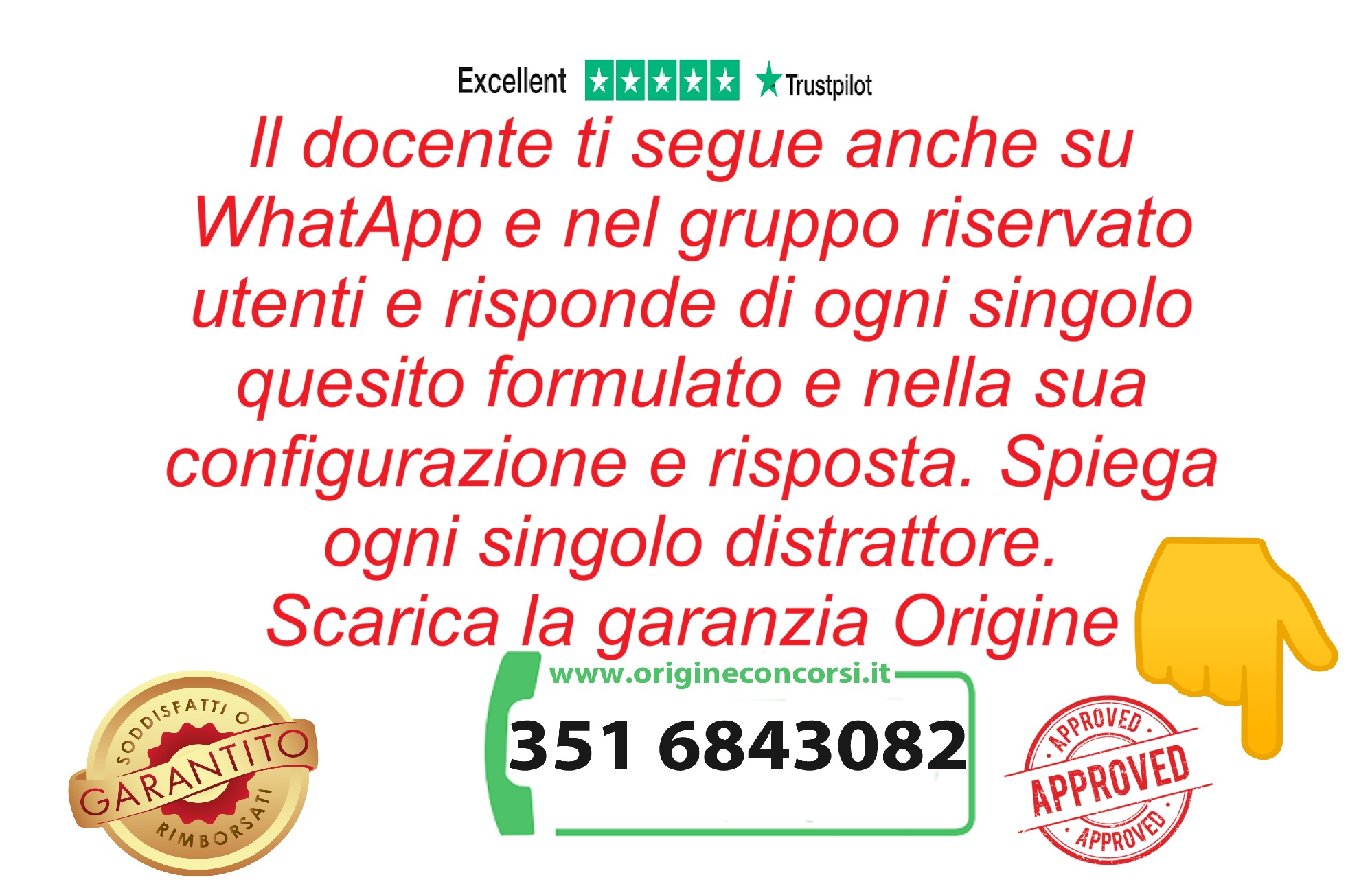 distrattori e formulazione quesiti di concorso docenti 2027 → ORIGINE CONCORSI SCUOLA Italian ad text promoting personal tutoring with contact info and trust seals (Trustpilot Excellent).