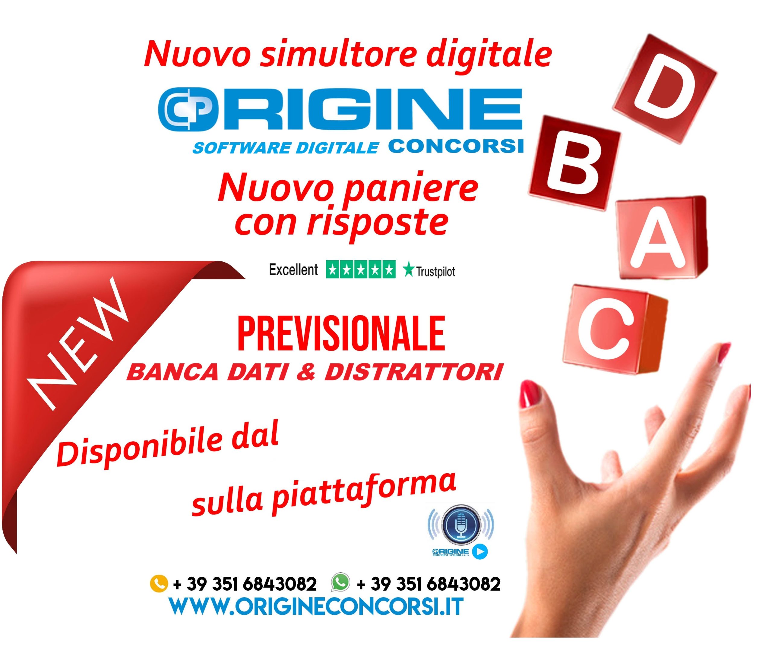 banner con mano e dadi 2027 → ORIGINE CONCORSI SCUOLA Promotional banner for Origine Conorsi advertising a new digital simulator with answers and study materials (Italian).