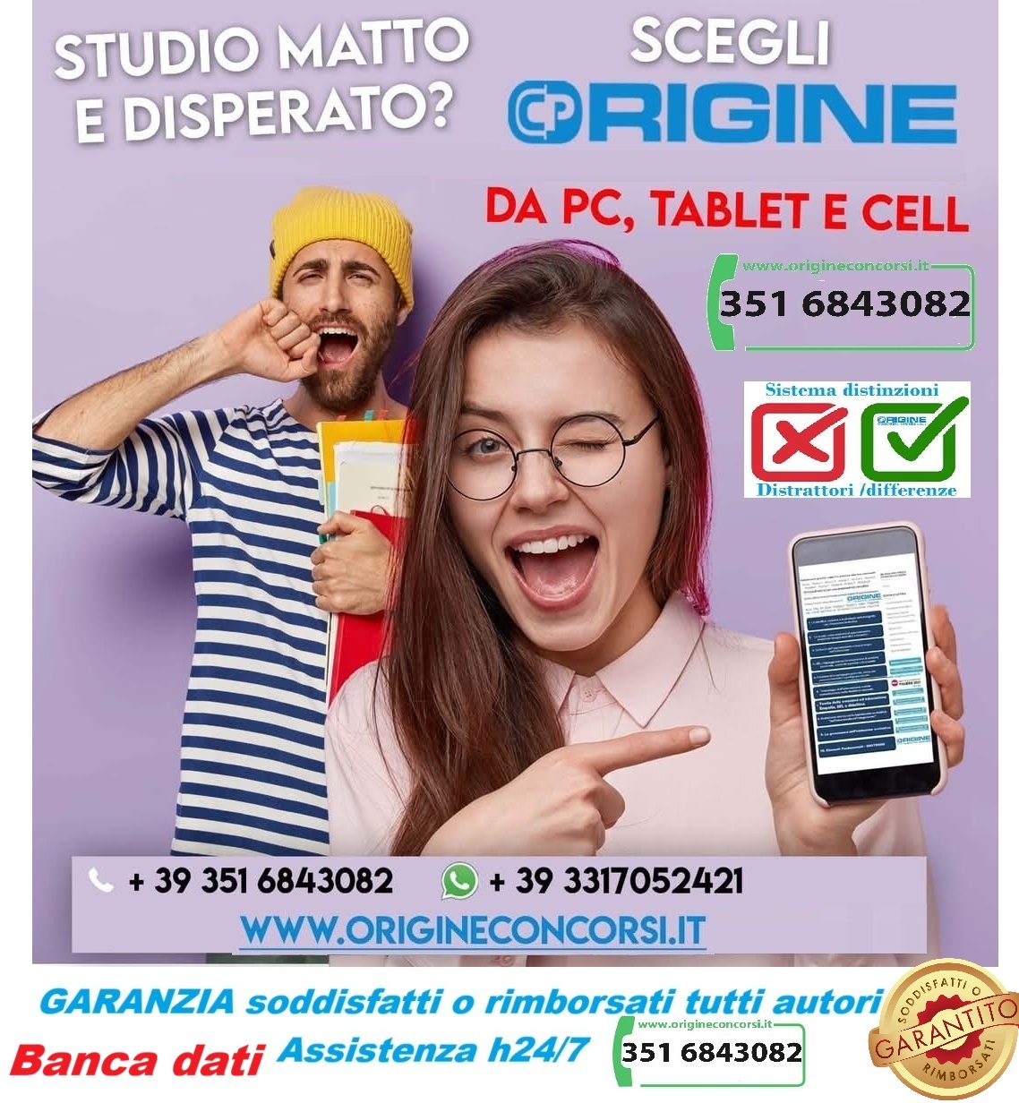 concorso 2027 → ORIGINE CONCORSI SCUOLA Advertisement for Origine Concorsi: a smiling couple promotes PC/tablet/phone participation, with contact numbers +39 351 6843082 and +39 3317052421 and the website www.origineconorsi.it