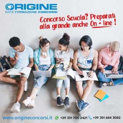 Group of diverse students studying together with notebooks and laptops; banner promotes online school exam prep by Origine Concorsi.