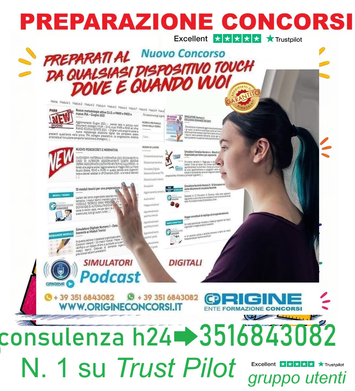 Young woman looking at a large poster advertising'Preparazione Concorso' with online course materials and podcast info.