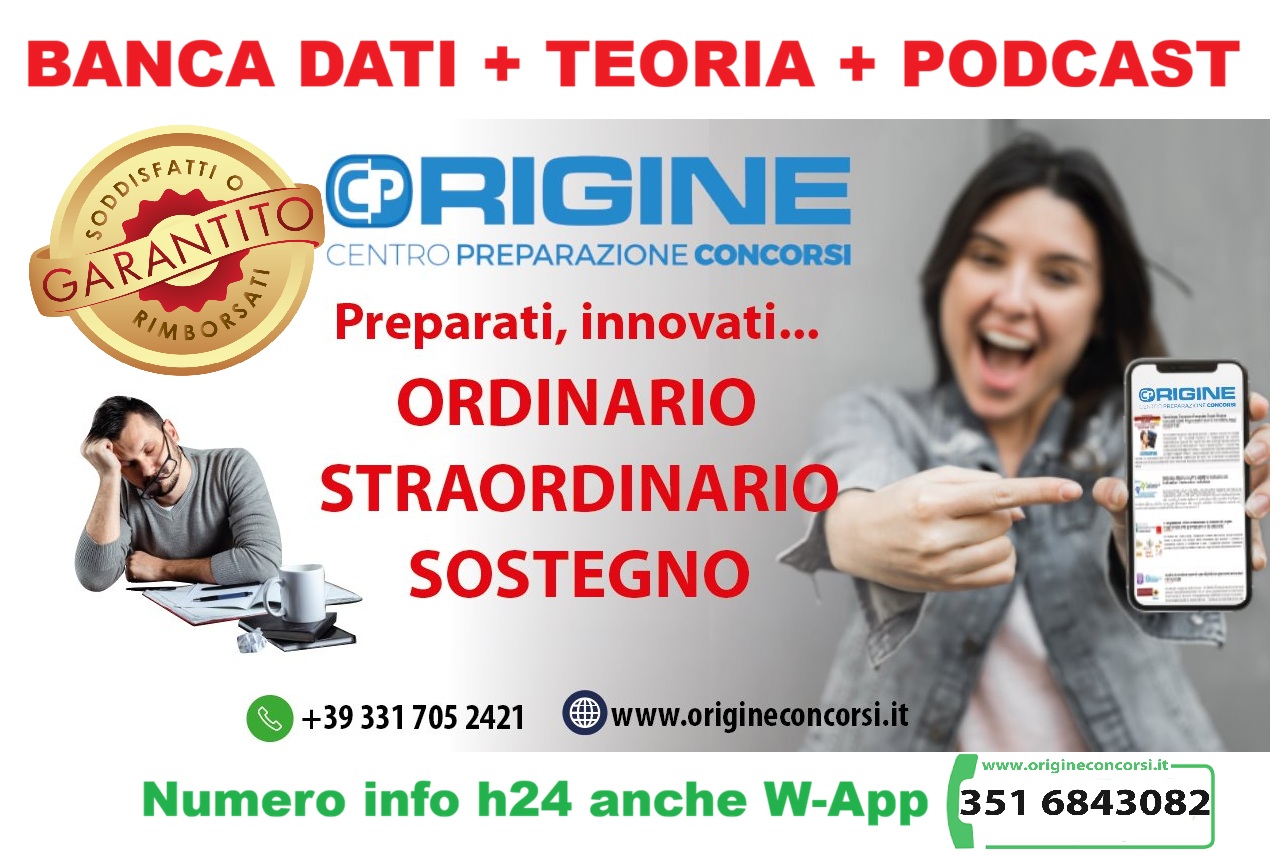 istituzionale 2026 → ORIGINE CONCORSI SCUOLA Advertising banner for ORIGINE concorsi: bold red headings in Italian, gold guarantee seal, blue logo, smiling woman showing a smartphone, and a tired man at a desk with papers; bottom contact info.