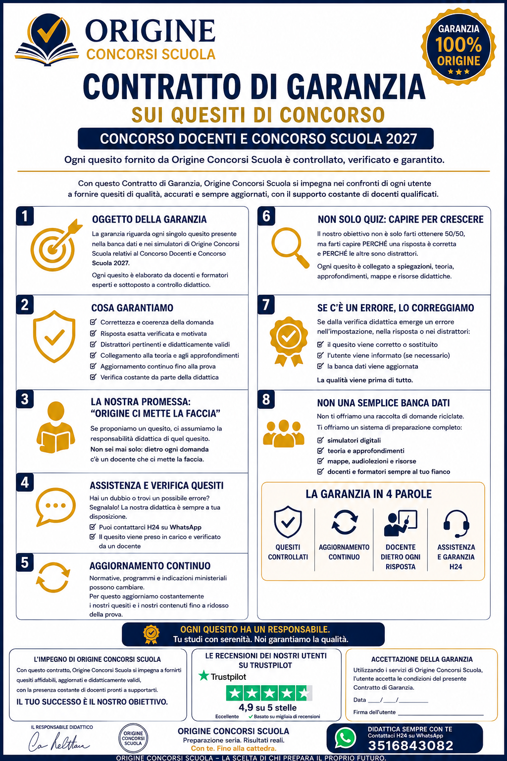 Infografica in italiano sul Contratto di Garanzia per concorsi scuola 2027, con otto sezioni e icone esplicative.